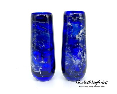 Blue and Silver Resin Art Stemless  Champagne Glass Set of Two Customize 9.5 Ounce - image2